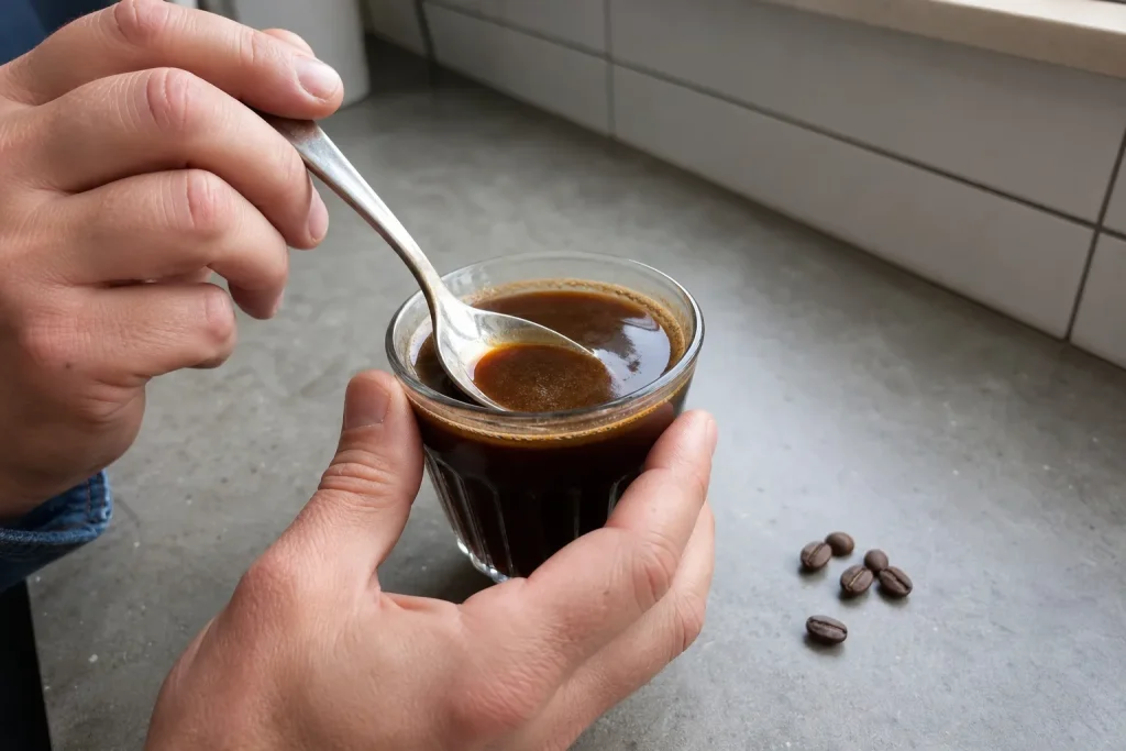 Händer doppar sked i en kopp kaffe för att bedöma kaffe smak kvalitet vid köksbänken