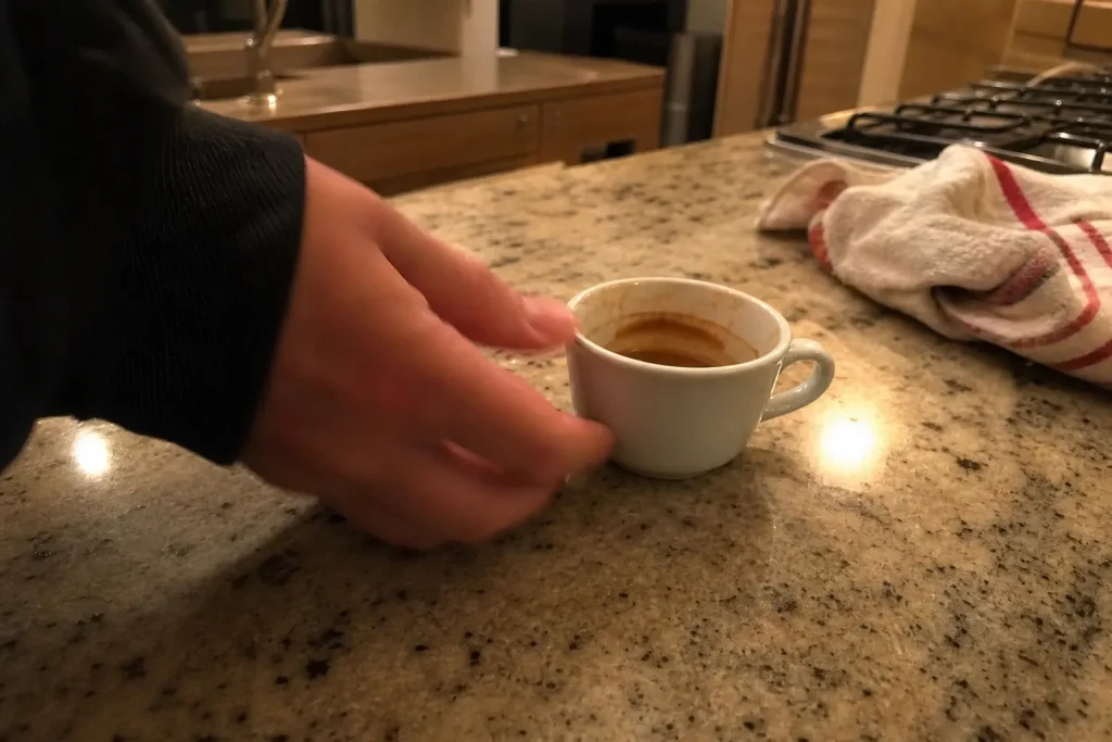 En hand ställer ifrån sig en halvtom espressokopp i köket på kvällen, till artikeln om kaffe och sömn kanske inte är det m...