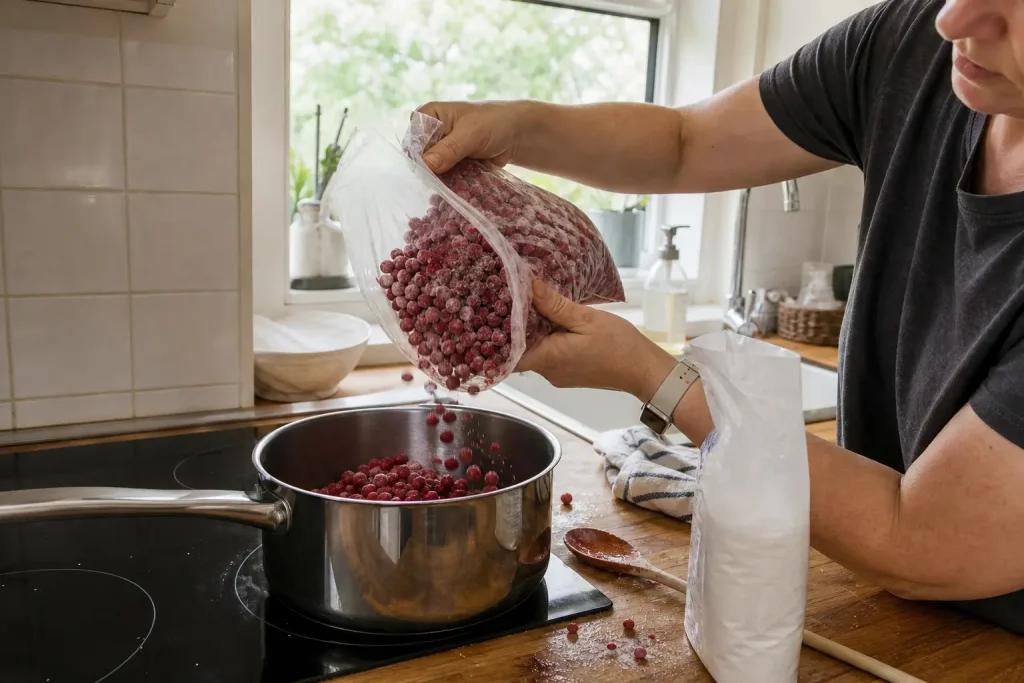Händer häller fryst smultron i en kastrull, del av receptet Enkel och ljuvlig smultronpaj.