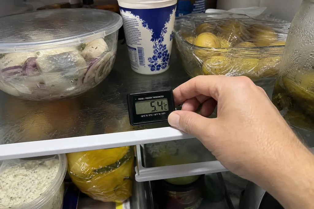 En hand justerar en digital termometer i kylskåpet bland midsommarmat, till artikeln om så länge midsommarmaten kan stå fr...