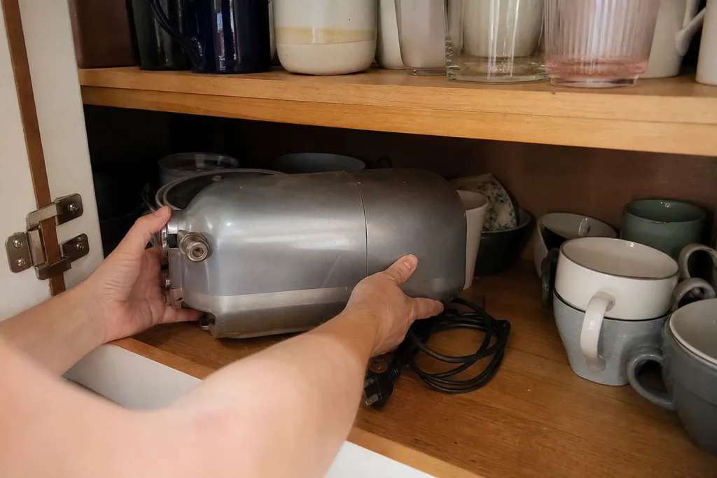 Ett par händer skjuter in en stor mixertillbehör i köksskåpet. Ge mig styrka att inte köpa allt det här heta kaffeutrustni...