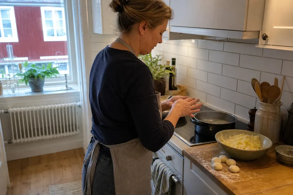 En person formar potatisdumplingar vid spisen, i stil med