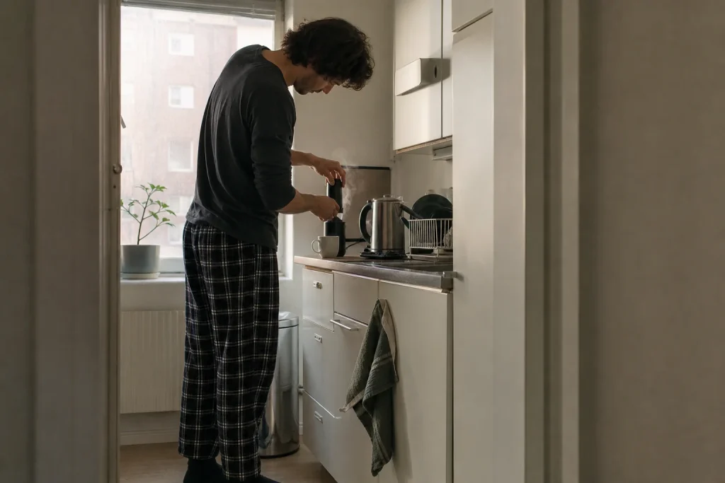 Person i pyjamas mal kaffebönor vid köksbänken i morgonljuset, ett vardagsögonblick om kaffe och sömn.