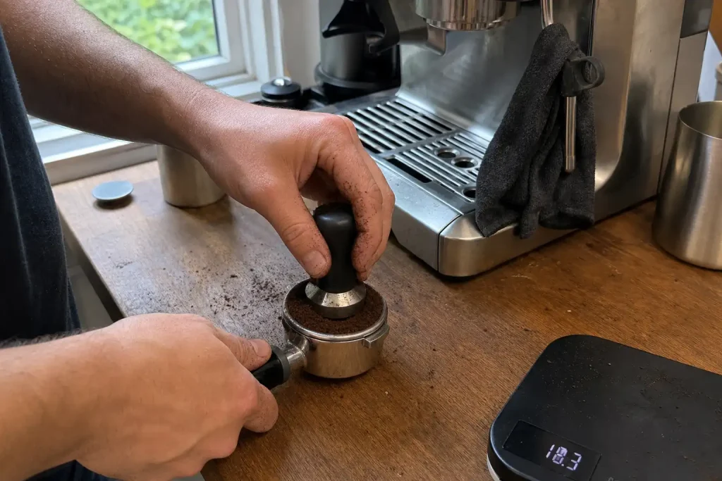 Händer tampar nymalet kaffe i en portafilter bredvid espressomaskin som utsetts till bäst i test.