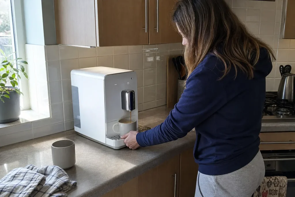 Vit espressomaskin på köksbänk medan kaffe hälls upp, aktuell i test av espressomaskin bäst i test