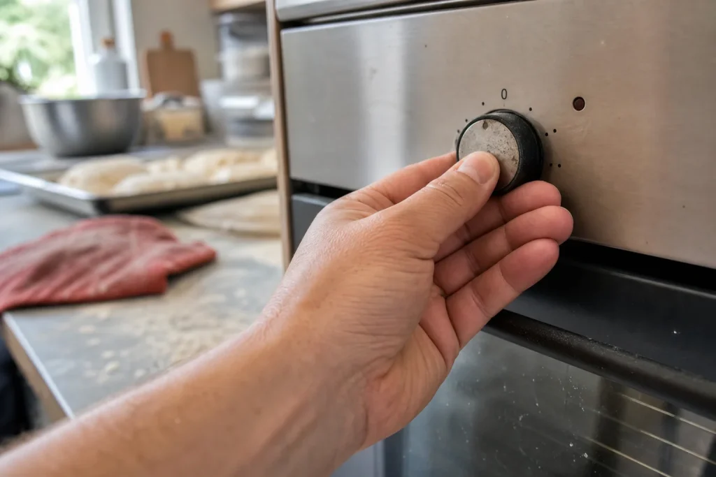 En hand justerar termostaten på ugnen medan en form med jäsande deg syns i bakgrunden, ett hemmabagarnas stora problem: jä...