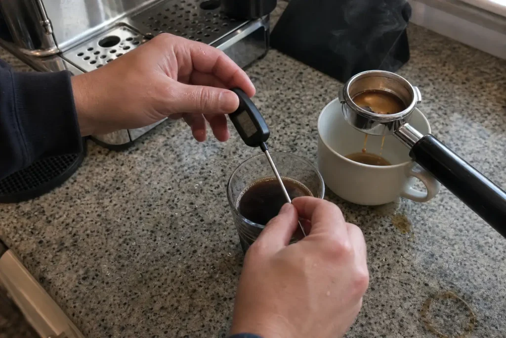 Händer kontrollerar bryggtemperatur med termometer vid kaffeglas, June lanserades denna sommar som en manuell pågjutare me...