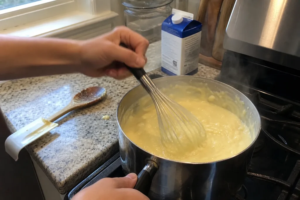 Händer vispar vaniljkräm i en kastrull på spisen, del av receptet Enkel och ljuvlig smultronpaj.
