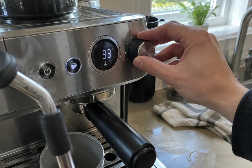 Hand justerar temperaturratten på en espressomaskin i hemmakök, del av testet Bästa espressomaskinen.