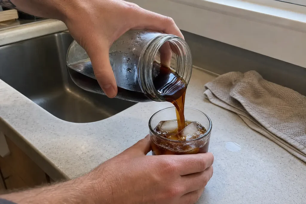 Kaffekoncentrat hälls över is i ett glas, med koppling till frågan vad