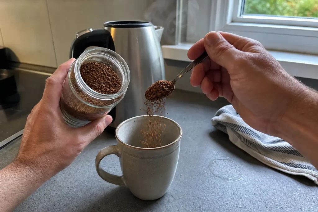 Ett par händer skedar koffeinfritt kaffe från en burk ner i en mugg vid köksbänken en eftermiddag.
