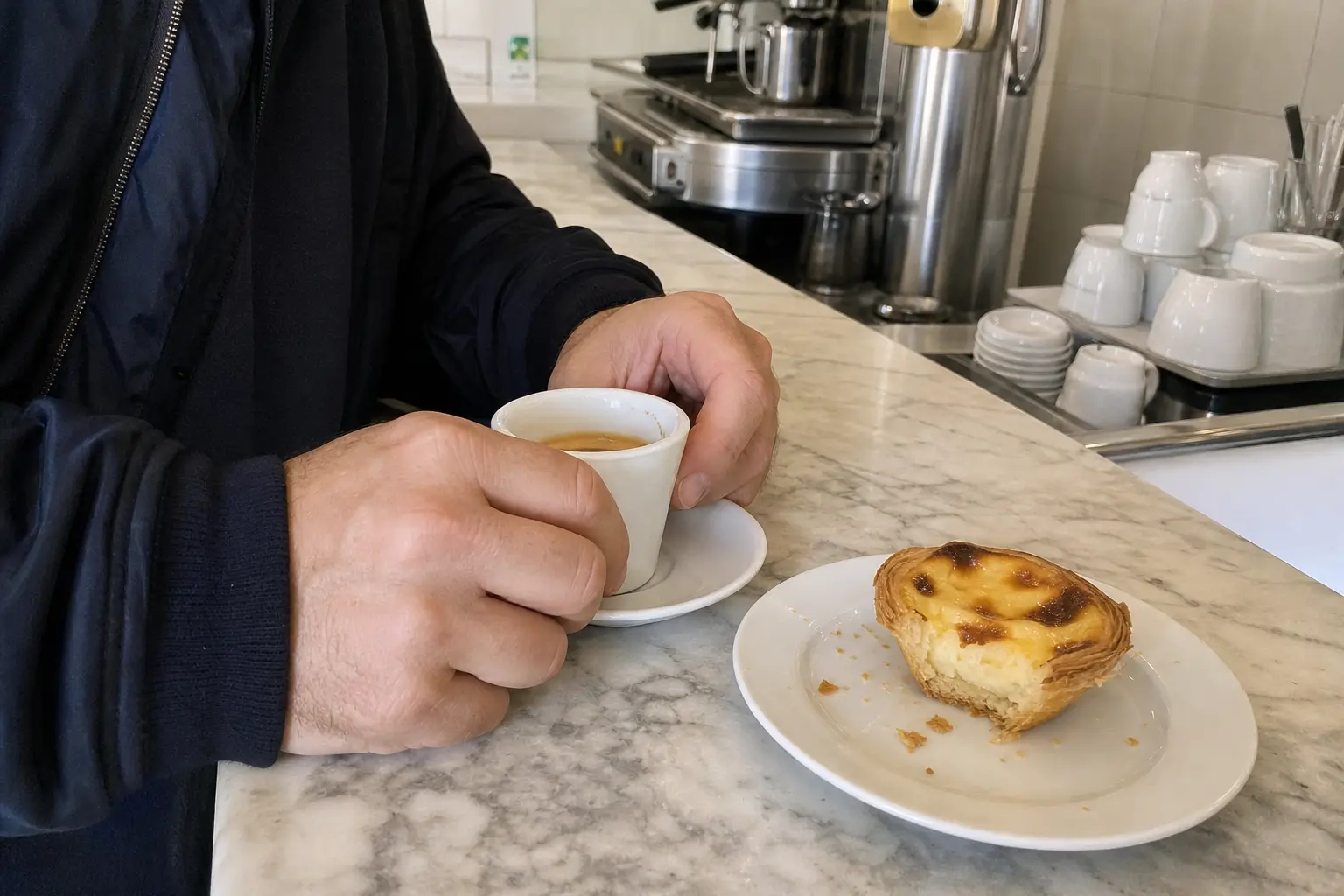Att dricka kaffe i Portugal: händer runt en espressokopp vid en marmordisk, med en halväten pastel de nata bredvid.