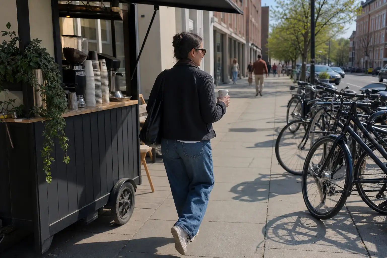 En person går längs en solig trottoar med en pappersmugg kaffe i handen, ett vardagligt ögonblick av att dricka kaffe i Po...