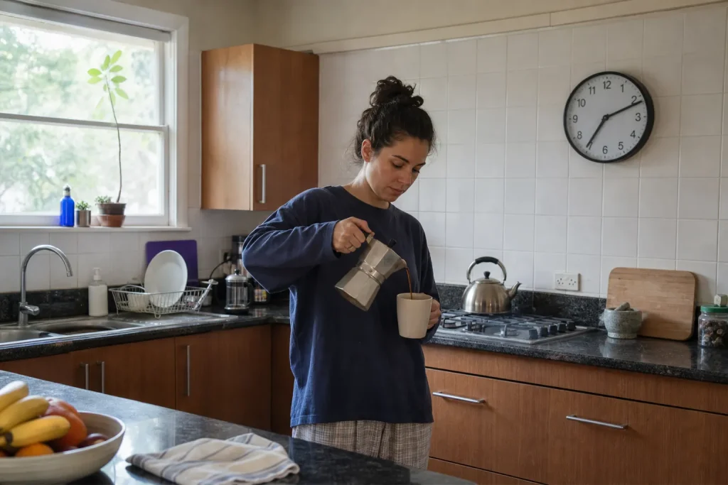Person häller upp kaffe från kastrull i vanligt kök en vardagsmorgon, till artikeln Vad är