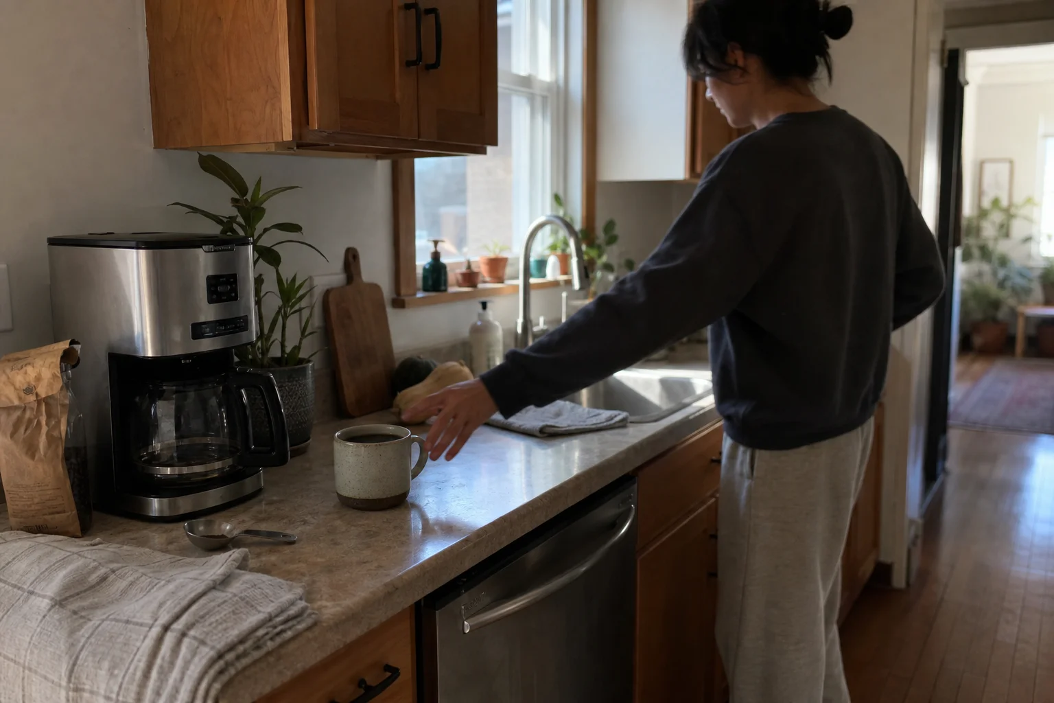 Morgonstund i köket med kaffebryggare, kopp och en person i bakgrunden som sträcker sig efter kaffet.