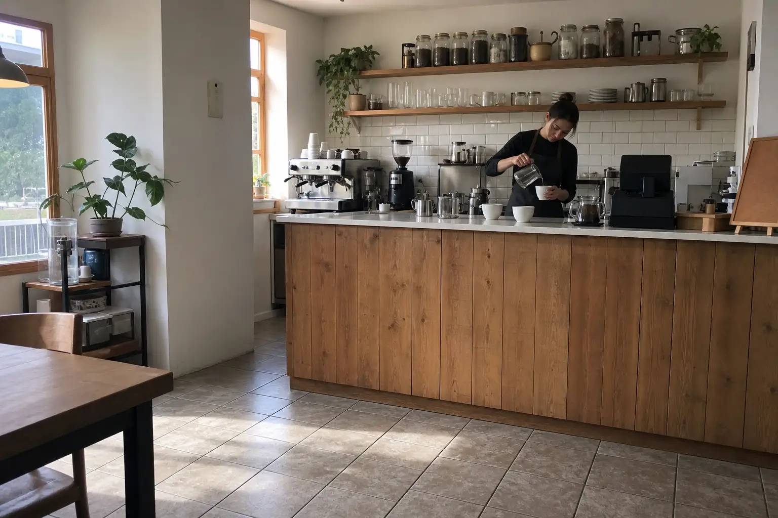 Barista häller upp koffeinfritt kaffe i en ljus caféhörna en vardagsmorgon