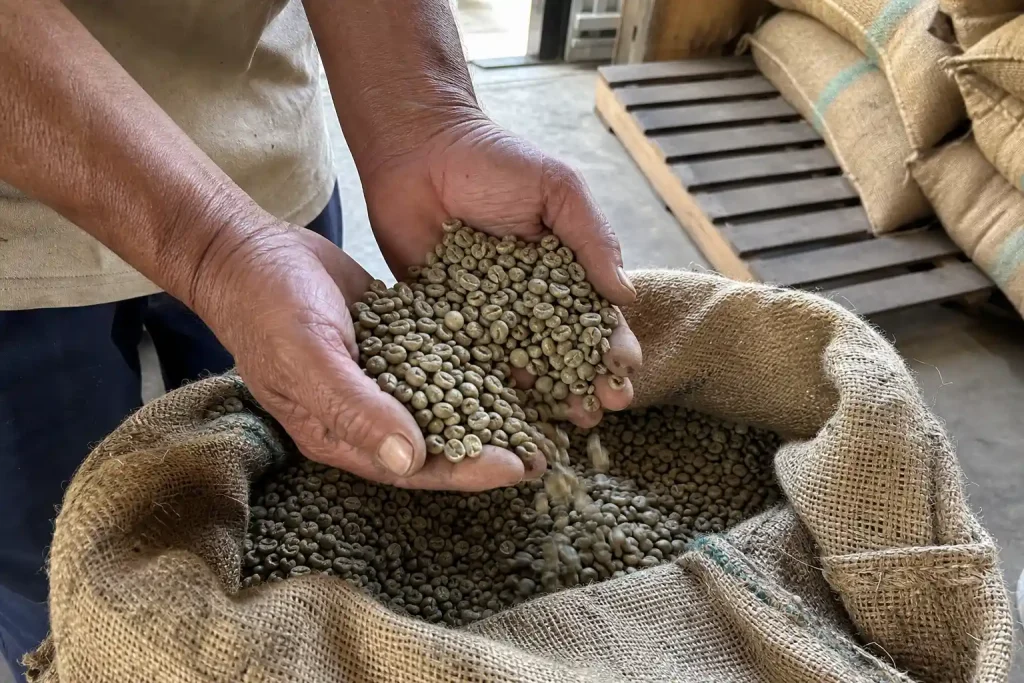 Väderbitna händer häller råa gröna kaffebönor i en säck, från Lär dig vägen till ursprunget med Cafe Imports Field Trip Co...