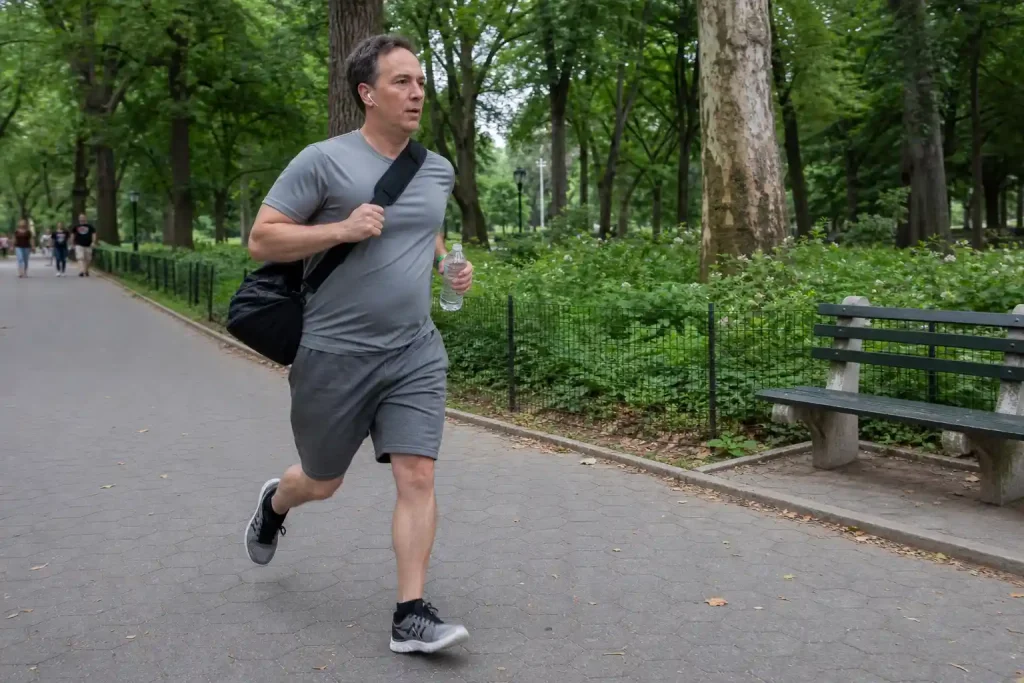 Medelålders man joggar i parken en vardagseftermiddag, som exempel på att caffeine may flip an ancient cellular switch lin...