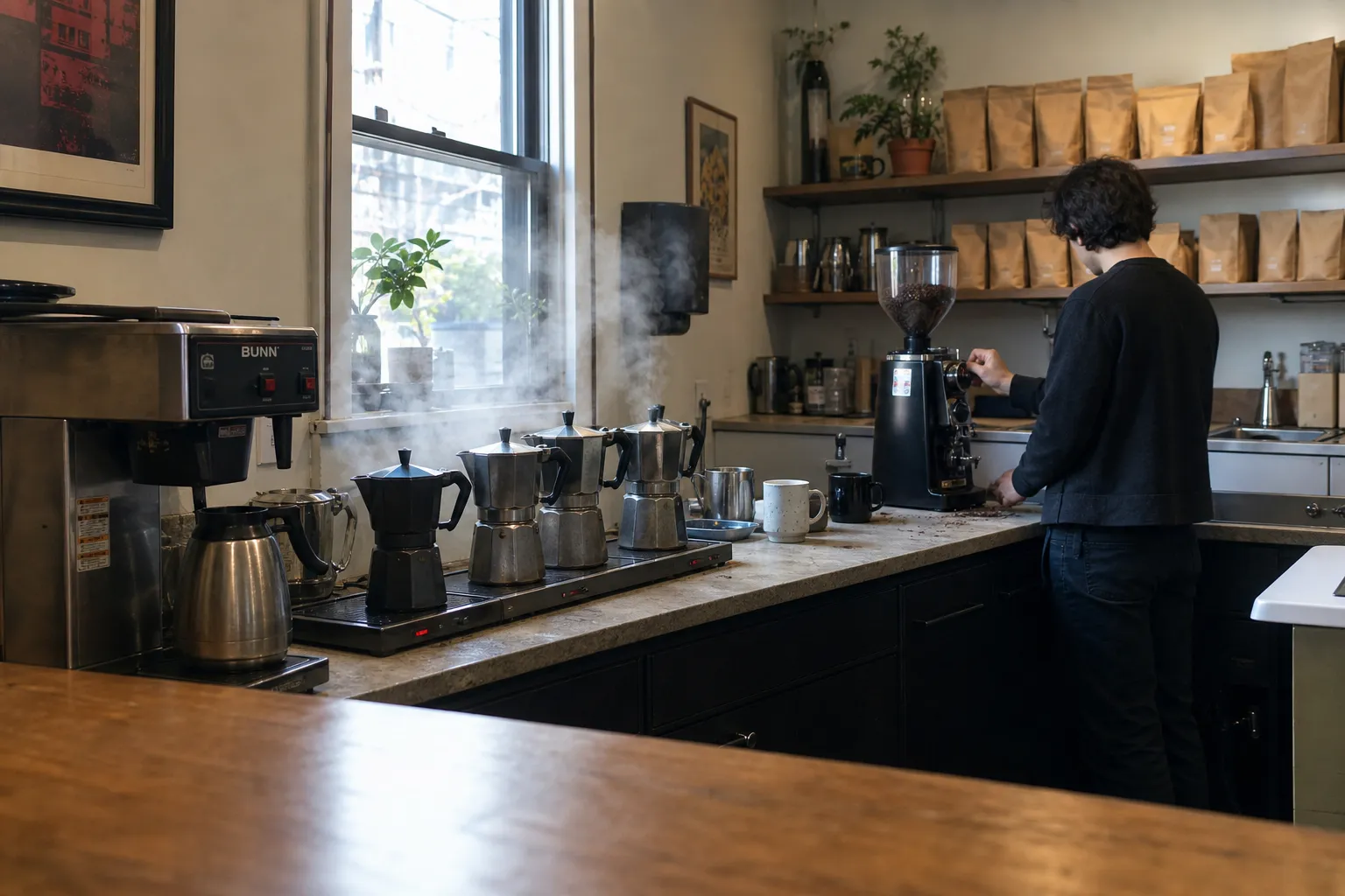 Litet caférkök i morgonljus med bryggkaffe och espressokannor, barista justerar kvarnen i bakgrunden. Vad är "starkt" kaffe?